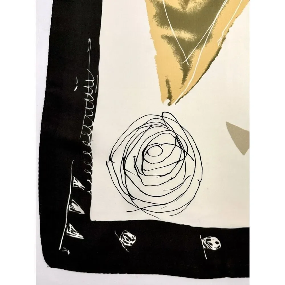 Italian Silk Scarf Abstract Art Print Gold Fuchsia Black Ivory Silk Square 34x34